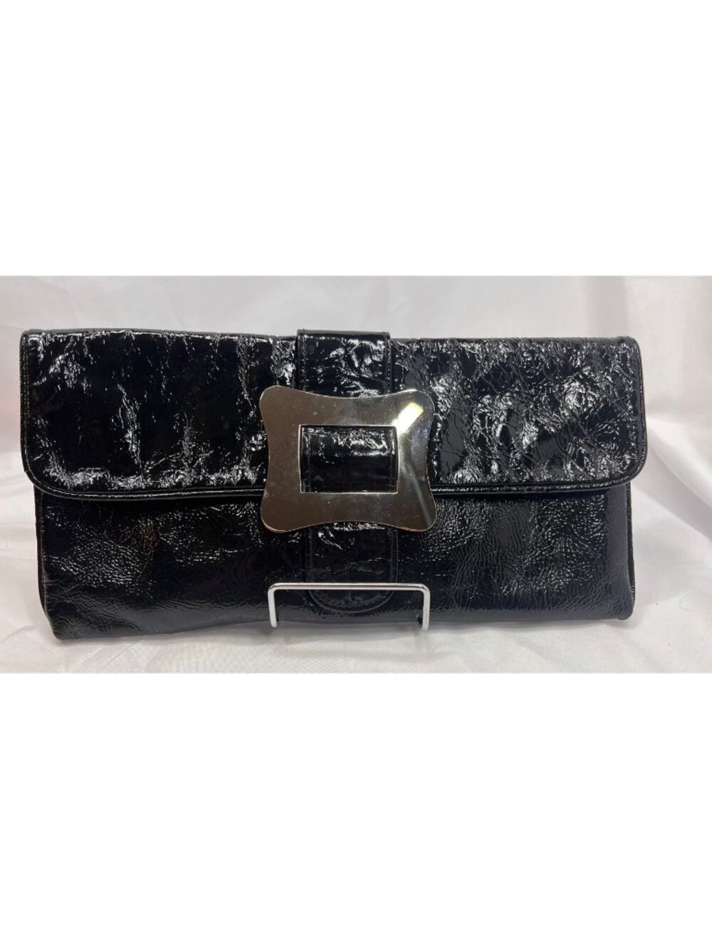 Italian Genuine Patent Leather Black Clutch Oversized Buckle